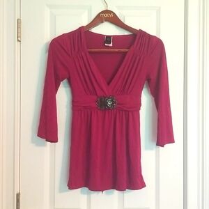 Wrapper V Neck Blouse, Attached Belt, Size M, Magenta